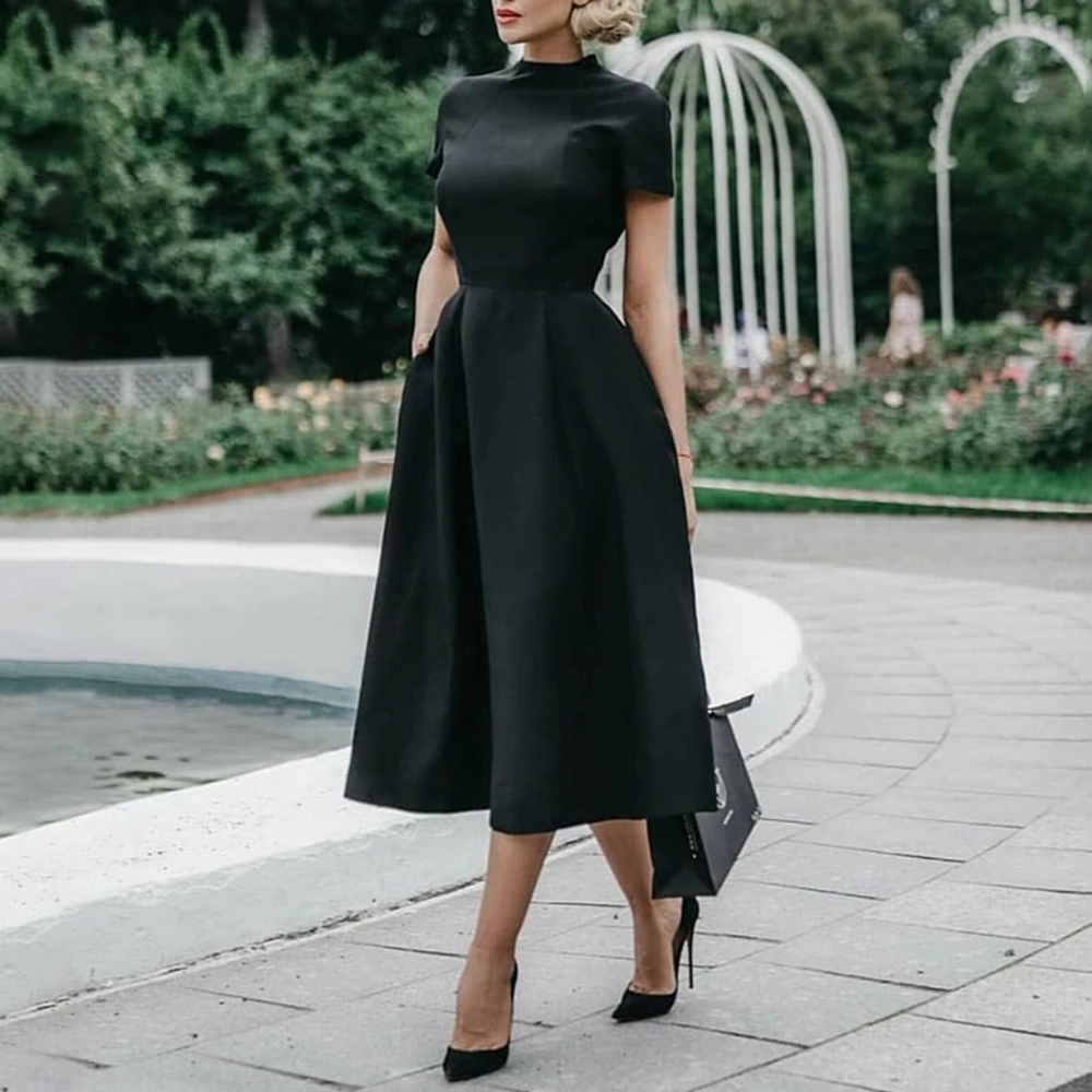 Women Elegant A-Line Midi Black Dress